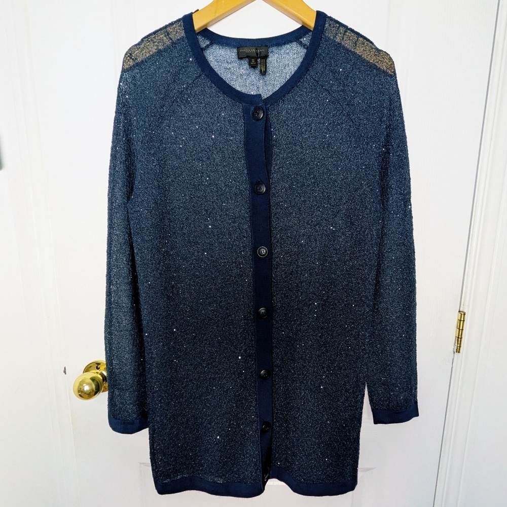 Donna Karan New York Sequined Button Front Long Sleeve Cardigan โ Navy โ XS #159 - Picture 3 of 9